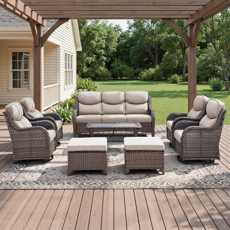 Ensemble de conversation d'extérieur en osier 8 pièces avec chaises pivotantes et table basse 8 pièces, Beige, Brun