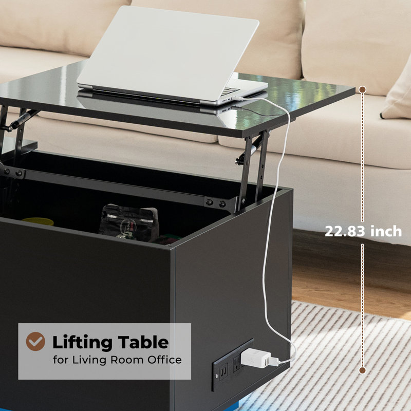 Table basse à plateau relevable avec station de charge et lumière DEL RVB, compartiment caché, Noir