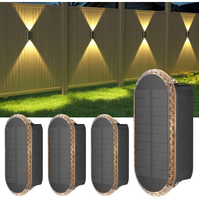 Fence Lights Solar Powered,4 Pack Solar Wall Lights Outdoor Up And Down IP67 Waterproof,3 Colours Modes Brighter LED Lens Solar Lights Dusk To Dawn 12H For Patio,Backyard,Porch,Railing,Balcony