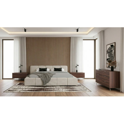 Lutz - Modern Beige Fabric + Walnut 4-piece Bedroom Set