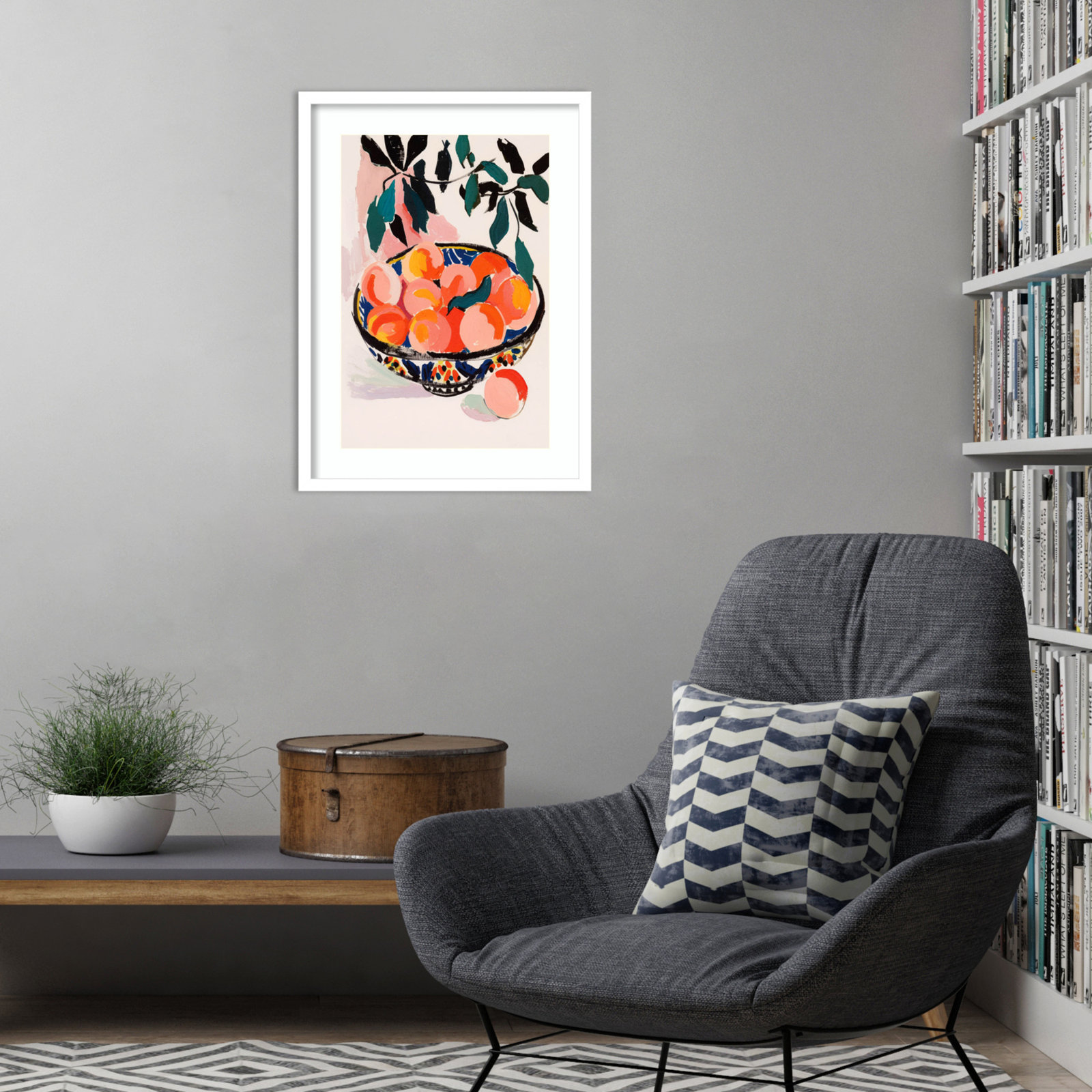 Ottilie "Fresh Peach Fruit Bowl" Print, White Framed, 25" H x 19" W