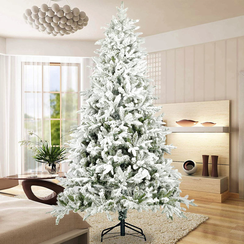 Arbre de Noël artificiel à charnière enneigé 7 pi avec des pointes réalistes blanches
