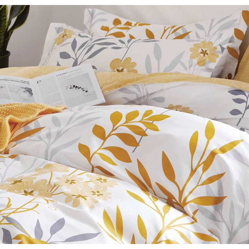 SLEEPBELLA Duvet Cover Queen Size, 600 Thread Count Cotton Grey Branches And Yellow Flower Reversible Comforter Cover