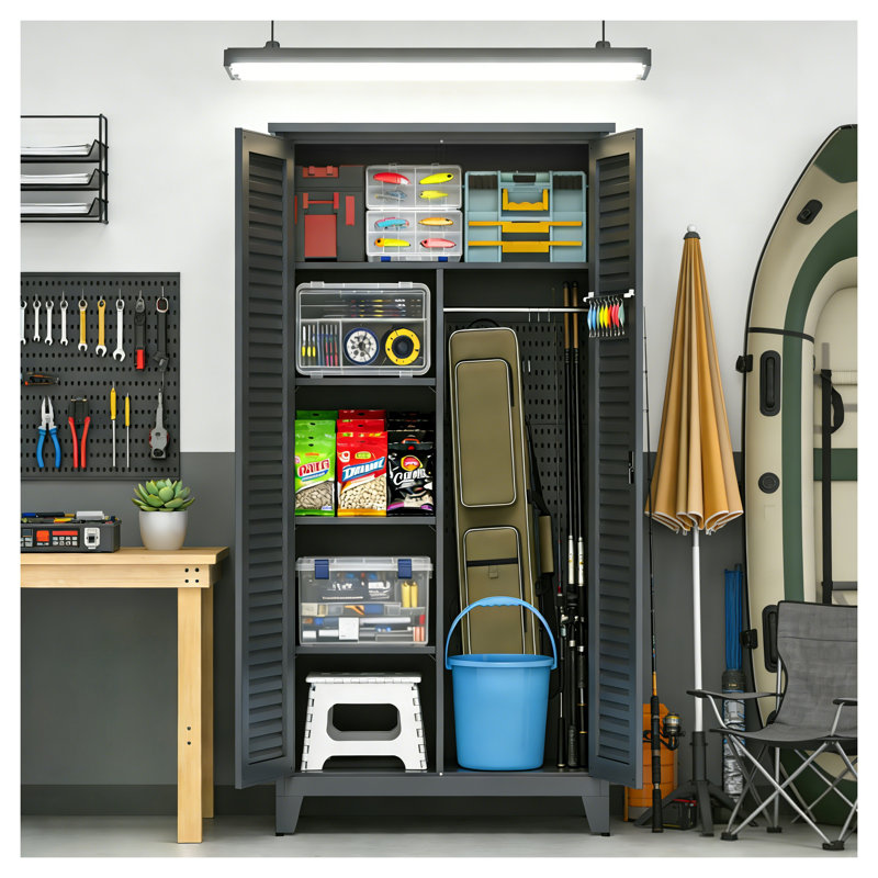Armoire de rangement pour outils en métal de 73 po de hauteur - Armoire de rangement en acier avec beaucoup d'espace pour atelier, buanderie, jardin (ardoise)