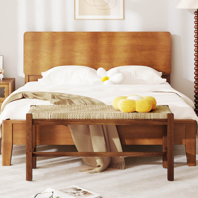 40" Long Wood Bench Indoor Dining Entryway End Of Bed Bench Natural Seagrass Seat