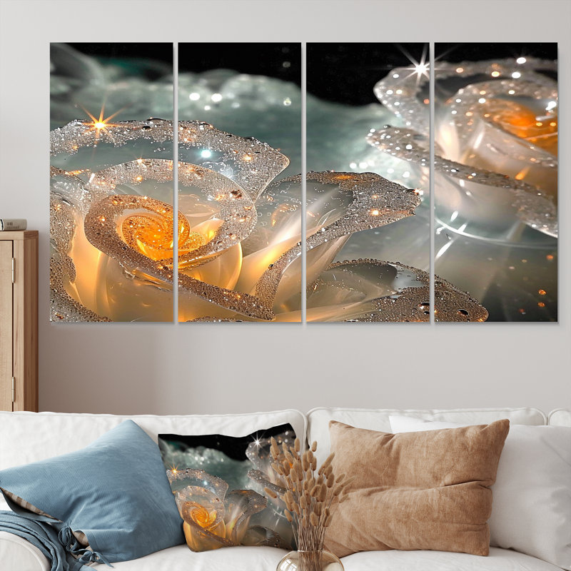 «Sparking Translucent Roses Golden Glam Core - Rose», ensemble de 4 décorations murales, H 32 po x l 64 po