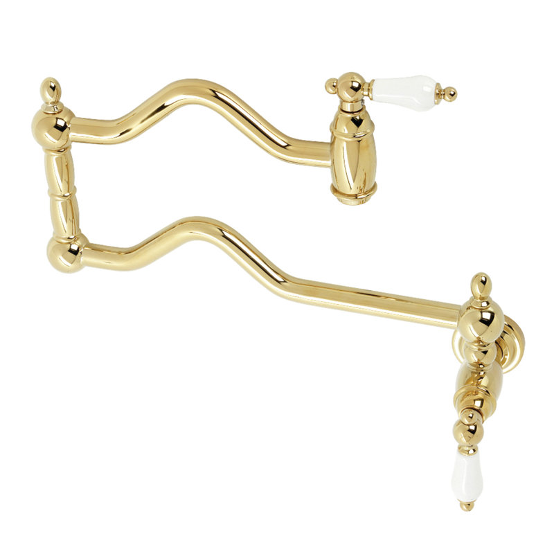 Kingston Brass Heritage Two-Handle 1-Hole Wall Mount Pot Filler Faucet, Polished Brass, Porcelain Lever