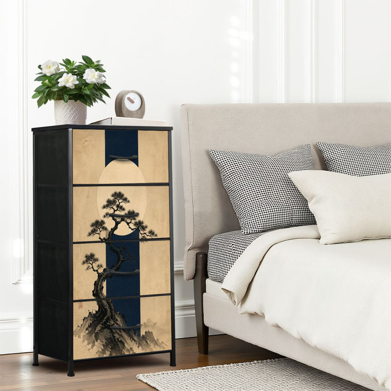 Commode 4 tiroirs pour chambre à coucher, commode étroite, plateau en bois et structure en fer de travail 18 po x 37,5 po (l x H) - avec silhouette minimaliste d'arbre vertical pleine silhouette japonaise