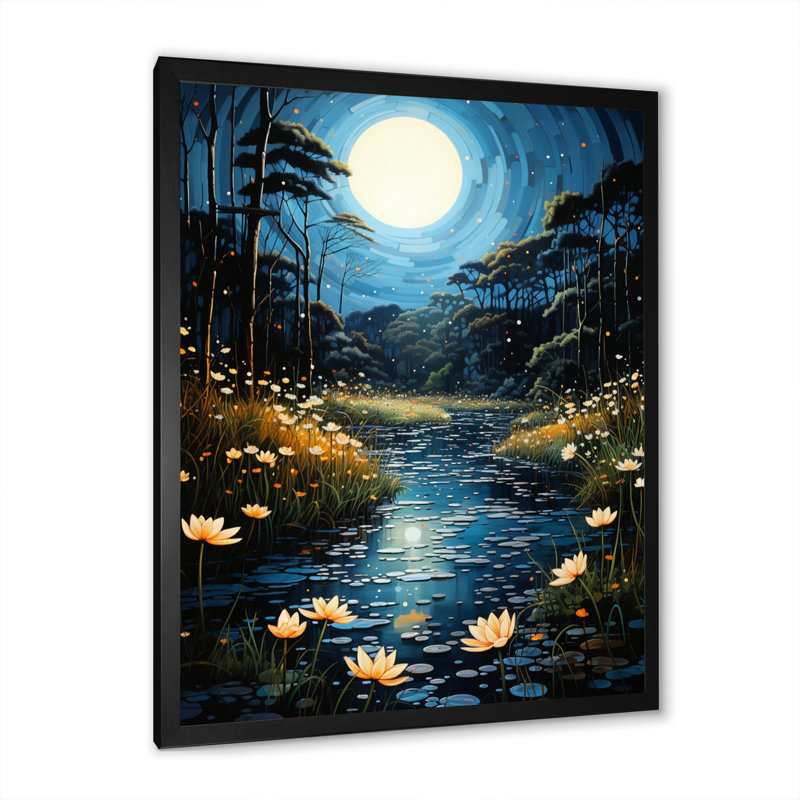 «Balok Blue Green Pointillism River At Night VI», reproduction sur toile, H 20 po x l 12 po x P 1 po, Cadre photo noir
