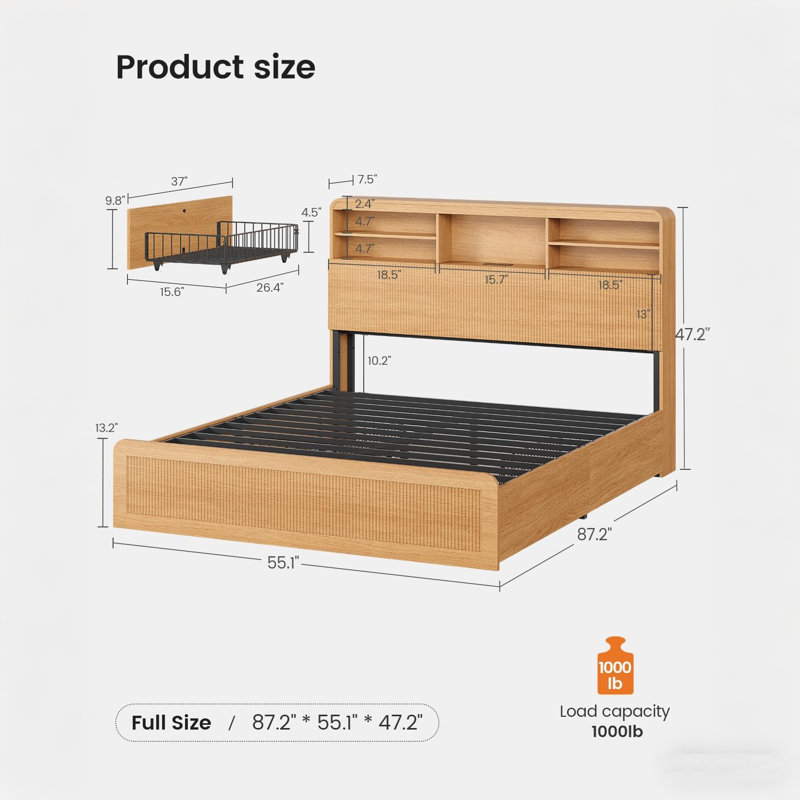 Twin Bed Frame with Storage and Charging Station, Curved Fluted Headboard, 4 Drawers, Hidden Storage, No Box Spring Needed, Modern Wood Platform Bed