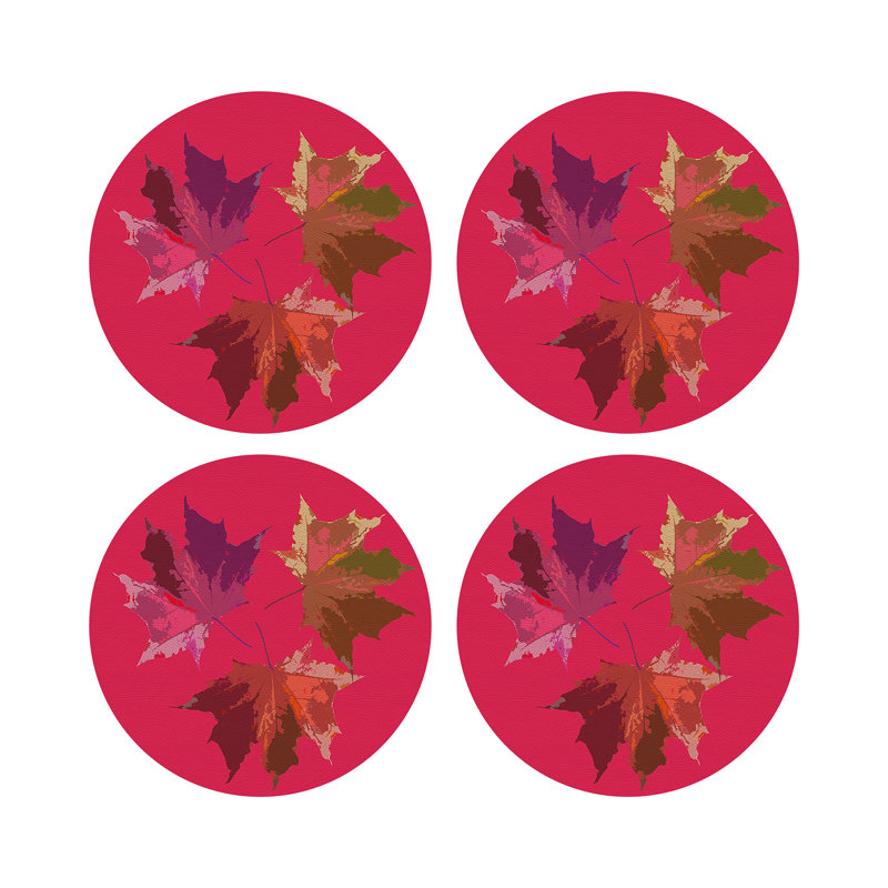 Autumn Leaves Vegan Leather Round Pebble Placemat, Plum