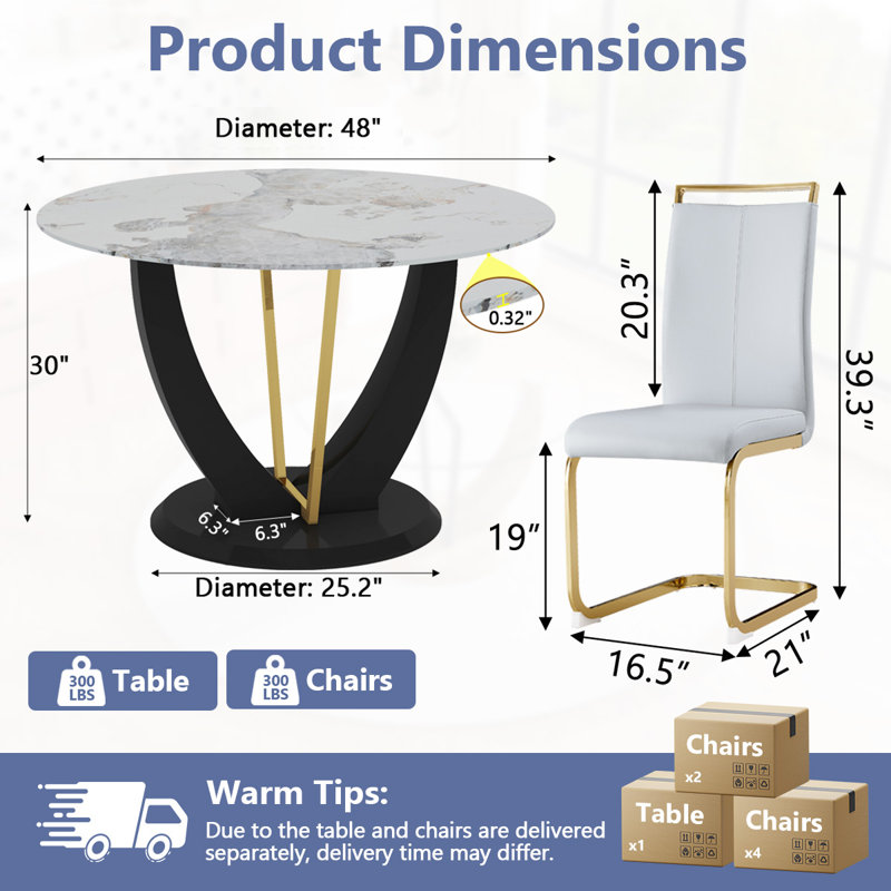Ensemble de table ronde, 7 pièces : table, 6 chaises, Gris clair