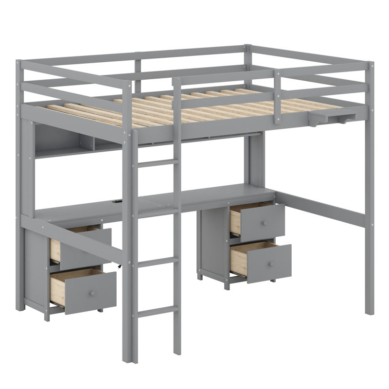Lit mezzanine double avec tiroirs Jaquela Kids, Gris