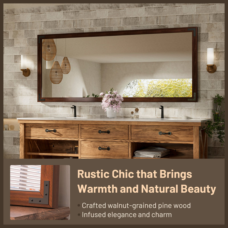 Gwenneth Rectangle Wood Mirror for Bathroom, Solid Pine Wood, 30" x 72", Brown
