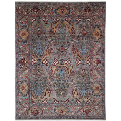 Tapis vert clair et rouge noué à la main de haute qualité
