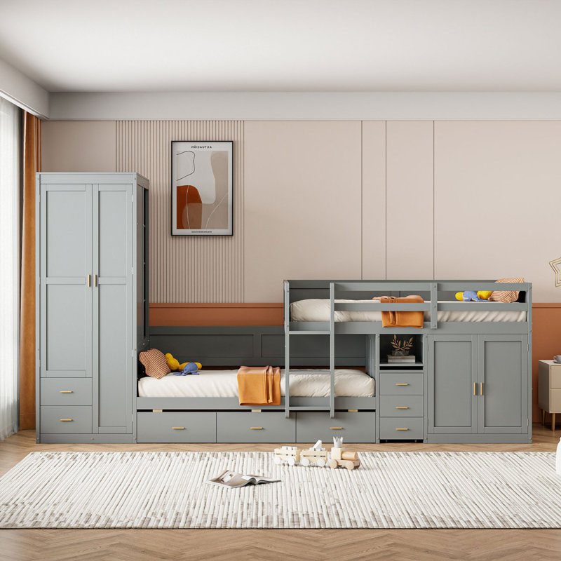 Lit simple superposé en bois avec lit gigogne, armoire, armoire, bureau et tiroirs, Gris