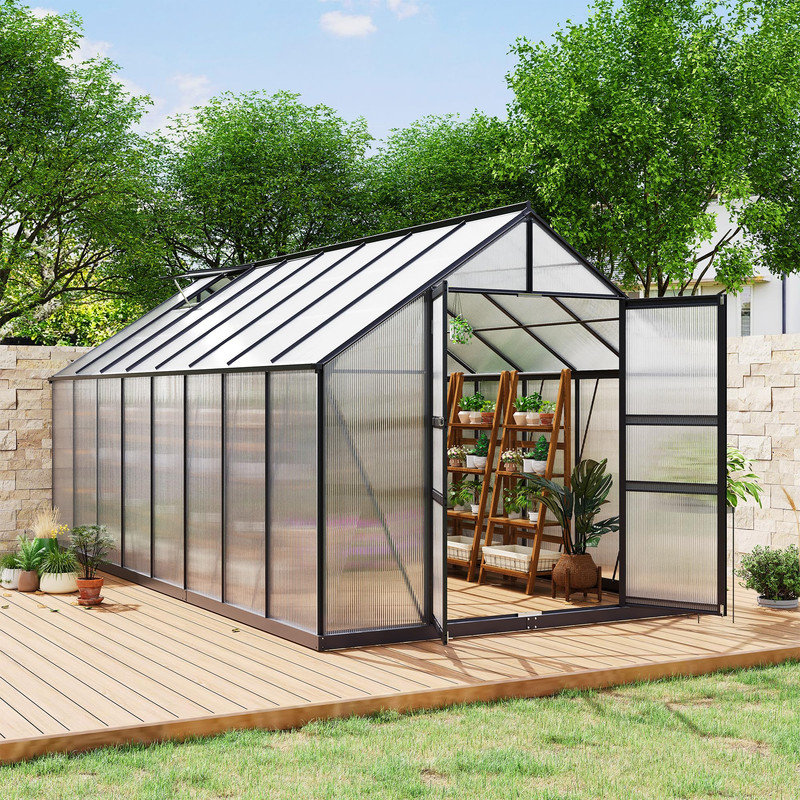 Serre de 8 pi x 16 pi pour la cour arrière, cadre en aluminium robuste avec panneaux en polycarbonate et évent de toit