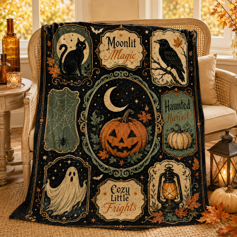 Couverture vintage à motif d'Halloween avec chat noir, corbeau, citrouille, fantôme, lanterne et toiles d'araignée, jeté en flanelle pour canapé ou lit, décoration d'automne, 152 x 203 cm
