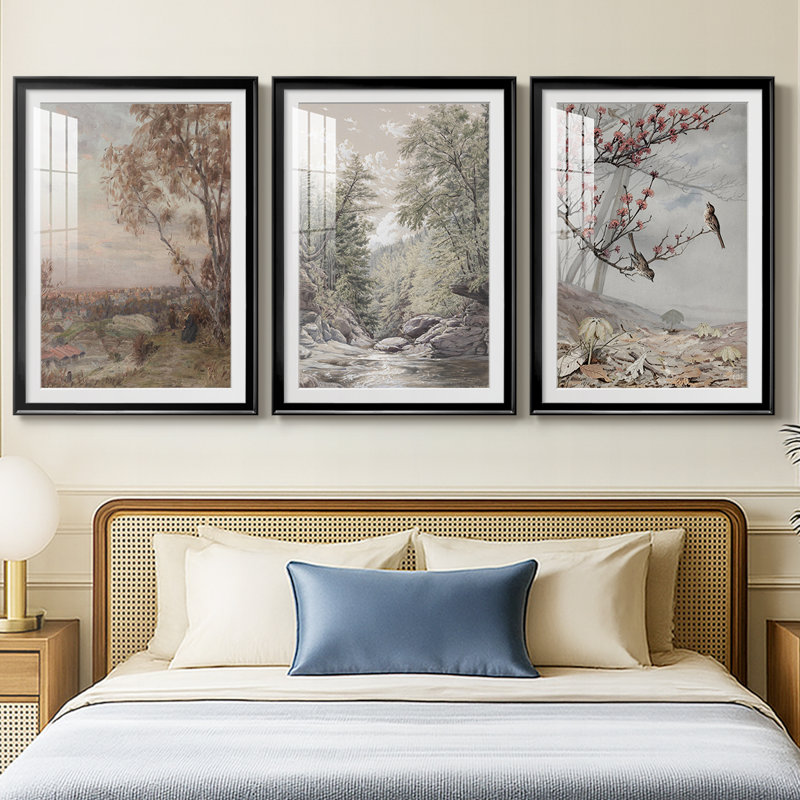 Paysage rétro Cxxxxi - impression encadrée de qualité supérieure sur mesure mat - 3 pièces, H 19 po x l 27 po, Noir