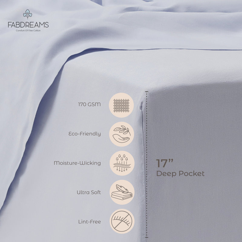 Ensemble de draps 100% lin lavé 3 pièces, Bleu ciel, Ensemble de draps pour grand lit avec 2 taies d'or