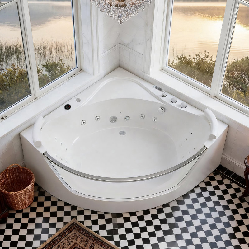59 Inch 2-Person Corner Whirlpool Bathtub, 16 Jet Hydro Massage, UL Certified Pump/Heater, Cupc Certified Drain, Built-In Heater, Rainbow LED, Handheld Shower, Milk White