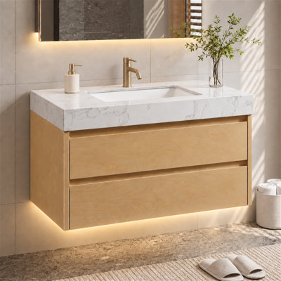 Meuble-lavabo suspendu moderne Alvah 36 po avec comptoir en marbre, lavabo encastré en porcelaine, tiroirs à fermeture amortie et éclairage intégré