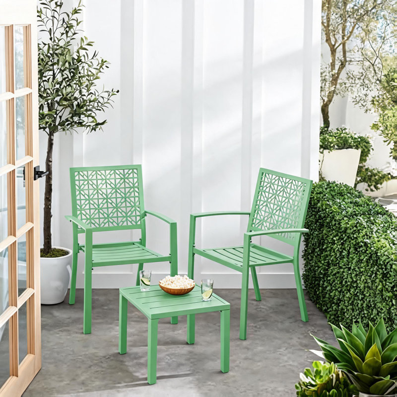 Ensemble bistro extérieur 3 pièces en acier – Mobilier de terrasse avec chaises et table, empilable, structure en acier antirouille, sièges ergonomiques pour porche, balcon et jardin, vert