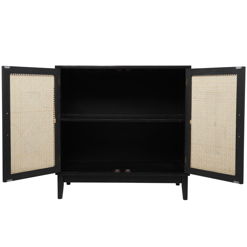 Wood 1 Shelf and 2 Door Room Cabinet with Cane Front Doors and Gold Handles, Black