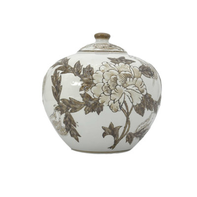 Brown & White Floral Ceramic Chinoiserie Ginger Jar 8"