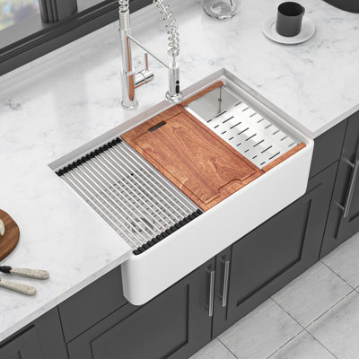Station de travail Farmhouse Sink - Évier de cuisine à double cuve en céramique 33 pouces