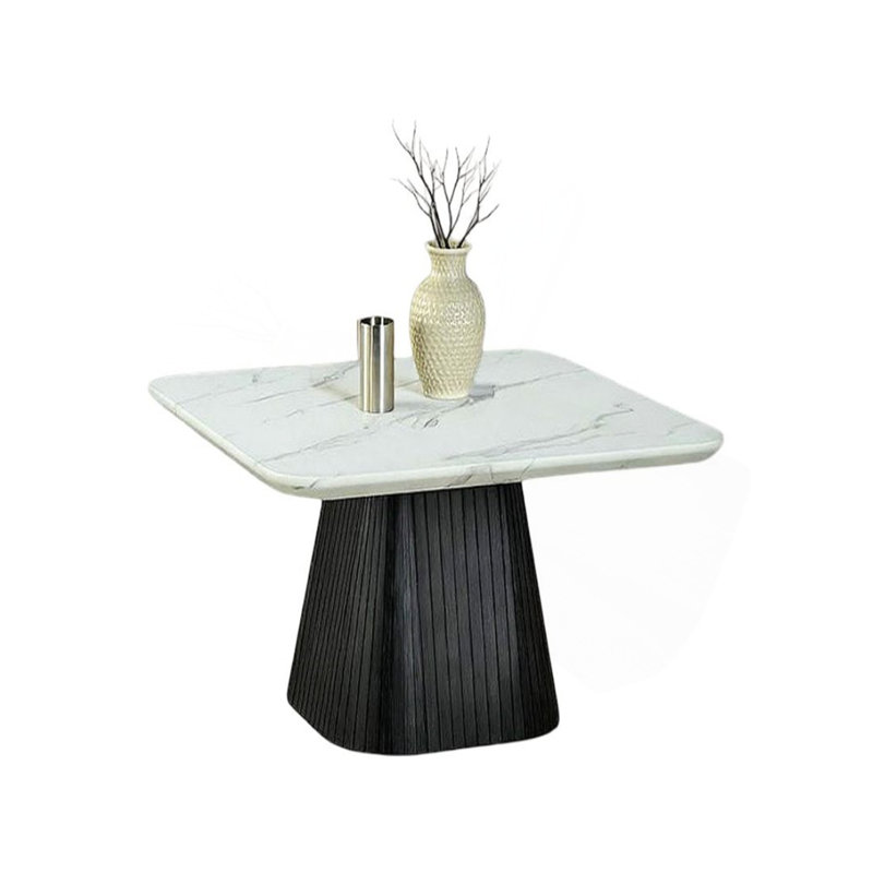 Table basse carrée de style contemporain avec plateau en faux marbre et base en tambour