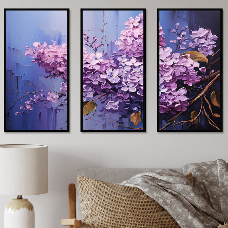 Lilac Reverie - Ensemble de décoration murale lilas, Cadre flottant noir, H 40 po x l 60 po x P 1 po