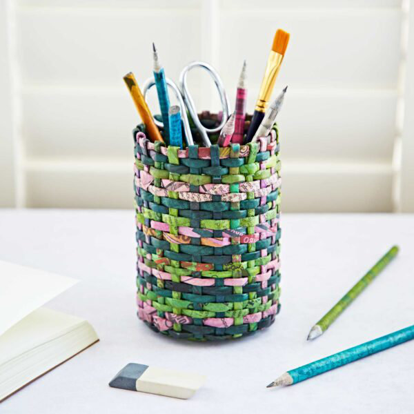Round Recycled Newspaper Pencil Holder, Green/Lilac