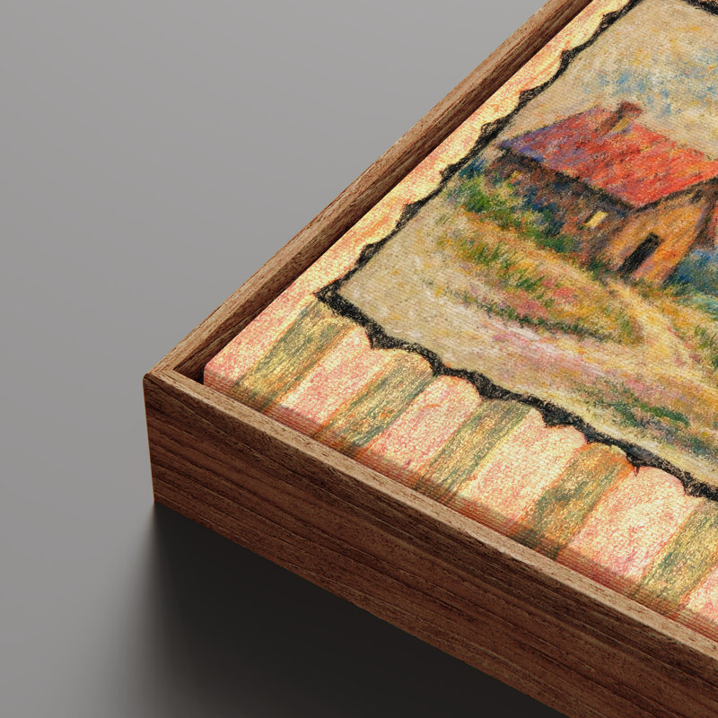 «Whimsical Countryside Cottage by the River Under Crescent Moon», reproduction d'art encadrée, H 16 po x l 24 po, Naturel