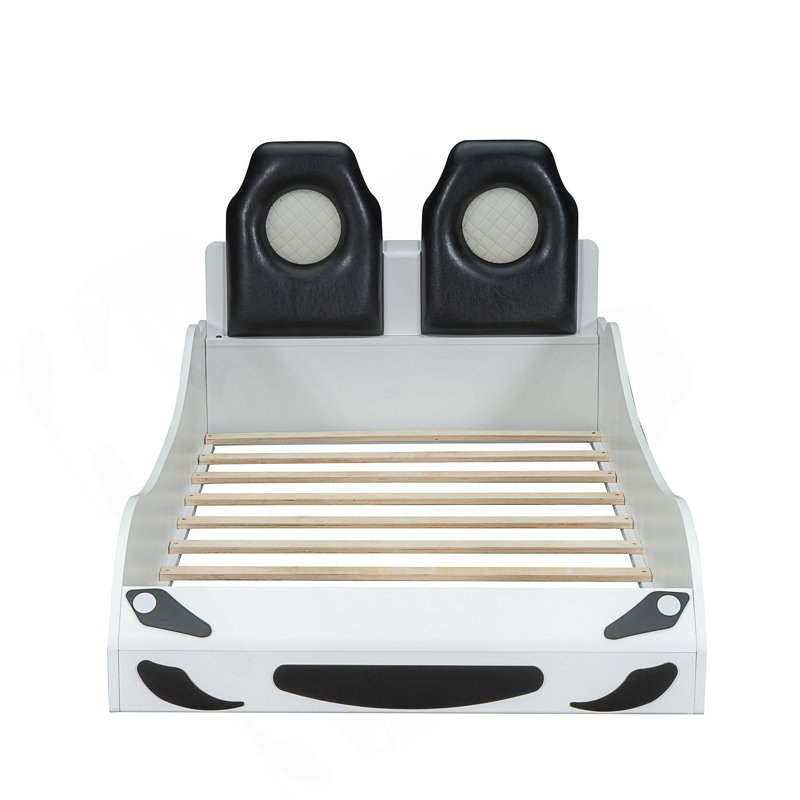 Wood Twin Size Race Car-Shaped Platform Bed With LED And Upholstered Backrest, White
