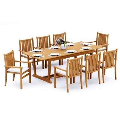 Ensemble de salle à manger en bois de teck Grade-A: table à double tréteaux avec pieds à tréteaux et chaises empilables Angarano # 11CH2110