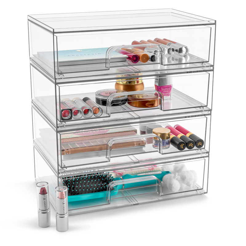 Sorbus Acrylic Storage Containers with Pull-Out Drawers - 4 Pack, 12.1" Wide Clear Stackable Storage Bins Set for Bathroom Organization