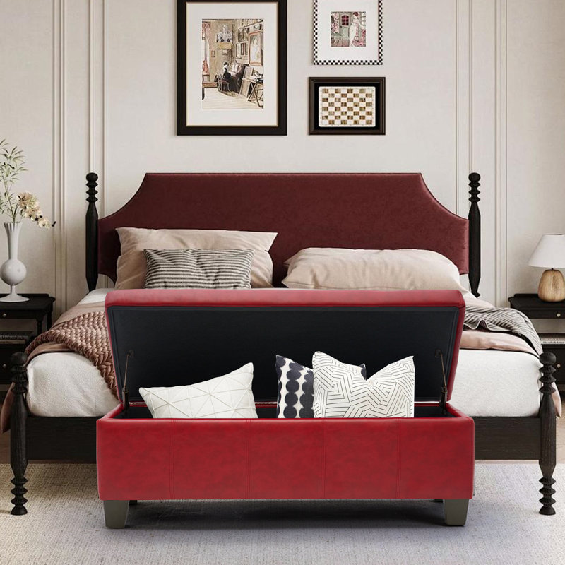 Demingo 41" Upholstered Contemporary Rectangular Storage Ottoman with Safety Hinge, Red, Red