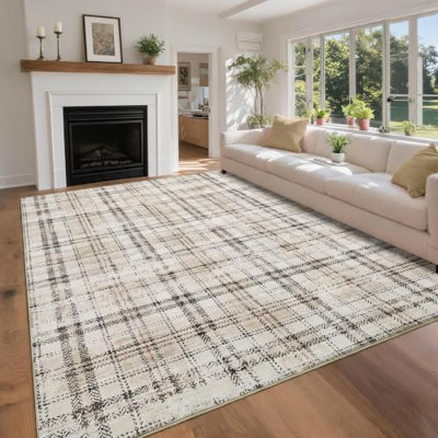 Tapis quadrillé irrégulier en velours perlé lavable pliable avec envers TPR antidérapant pour salon, chambre, salle à manger, vestibule, décoration intérieure, beige
