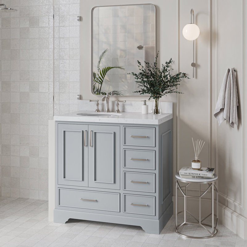 36.25'' Single Bathroom Vanity with Carrara Quartz Top, Gray