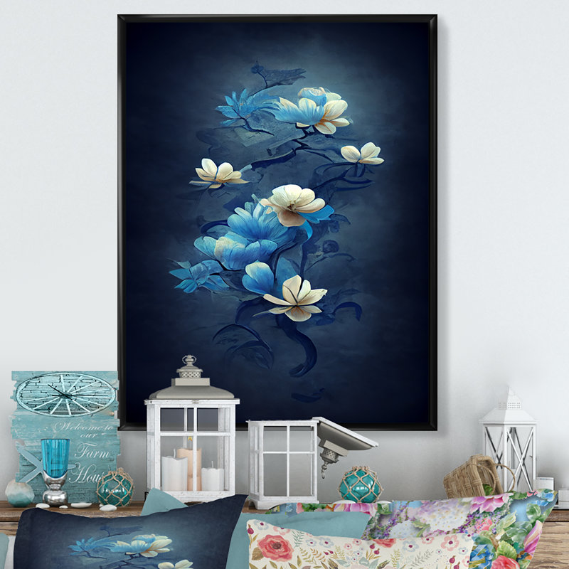 Fleurs rétro bleu clair chinois IV - reproduction sur toile, H 20 po x l 12 po x P 1 po, Cadre flottant noir
