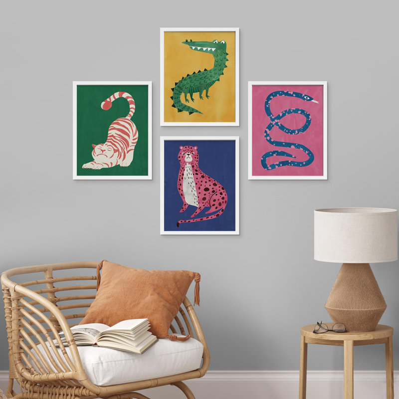 Chat rouge, crocodile vert, léopard rose, serpent bleu, impression sur papier, 4 pièces, H 10 po x l 8 po, Blanc
