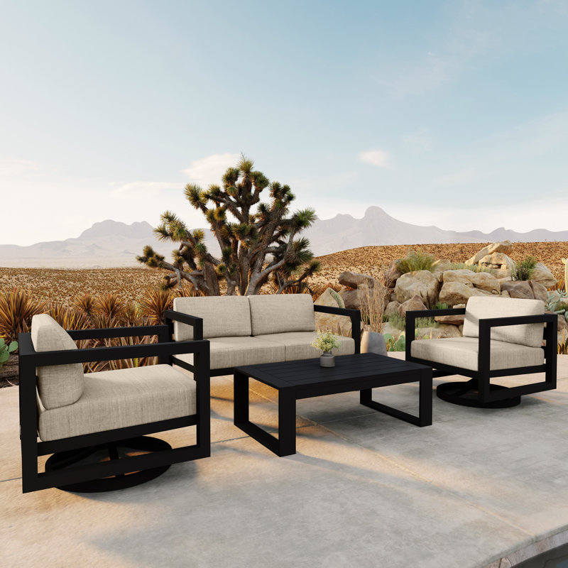 Avion 4 Piece Loveseat Set With Swivel, Spectrum Indigo Sunbrella®, Black
