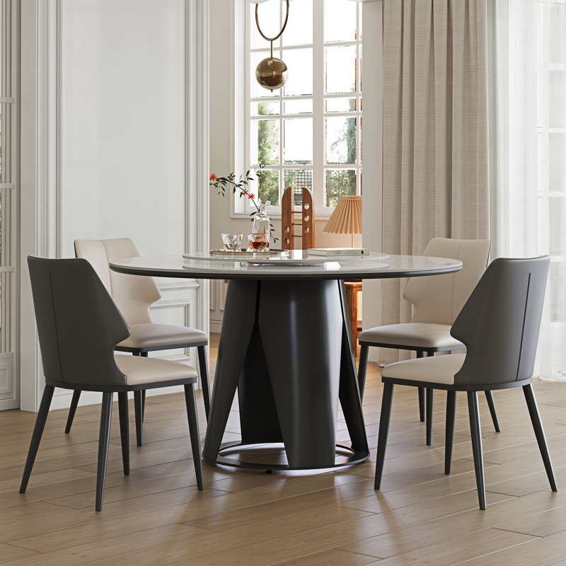 8 tables de salle à manger avec table en marbre de 59 po: pierre frittée, table tournante ronde de 35,4 po, base en métal, 8 chaises en cuir synthétique, magnifique design moderne pour 8 personnes: table en pierre, plateau de table, style