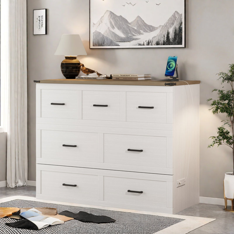 Multi-functional Foldable Murphy Bed  With Charging Station And 1 Large Storage Drawer, White, Full