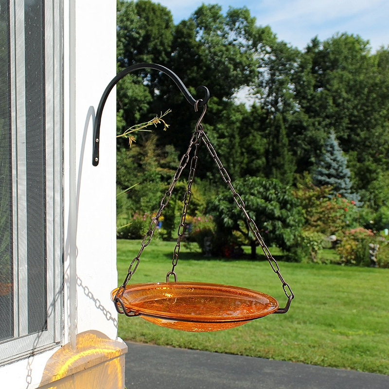 Mandarin Crackle Glass Hanging Birdbath with Black Iron Stand