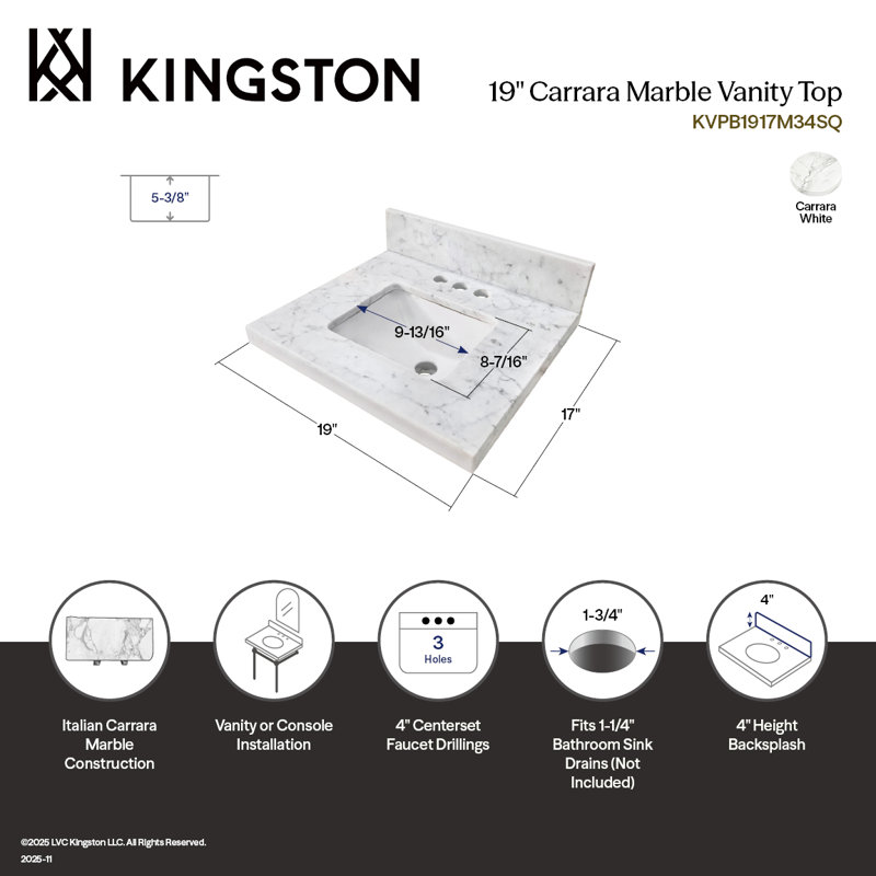 Kingston Brass Fredrickson 19-Inch Carrara Marble Vanity Sink Top (4" Faucet Drillings)