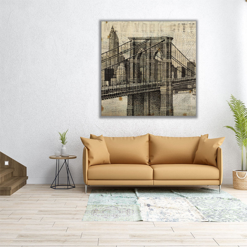 «Vintage NY Brooklyn Bridge Skyline II», reproduction d'art sur toile, H 12 po x l 12 po