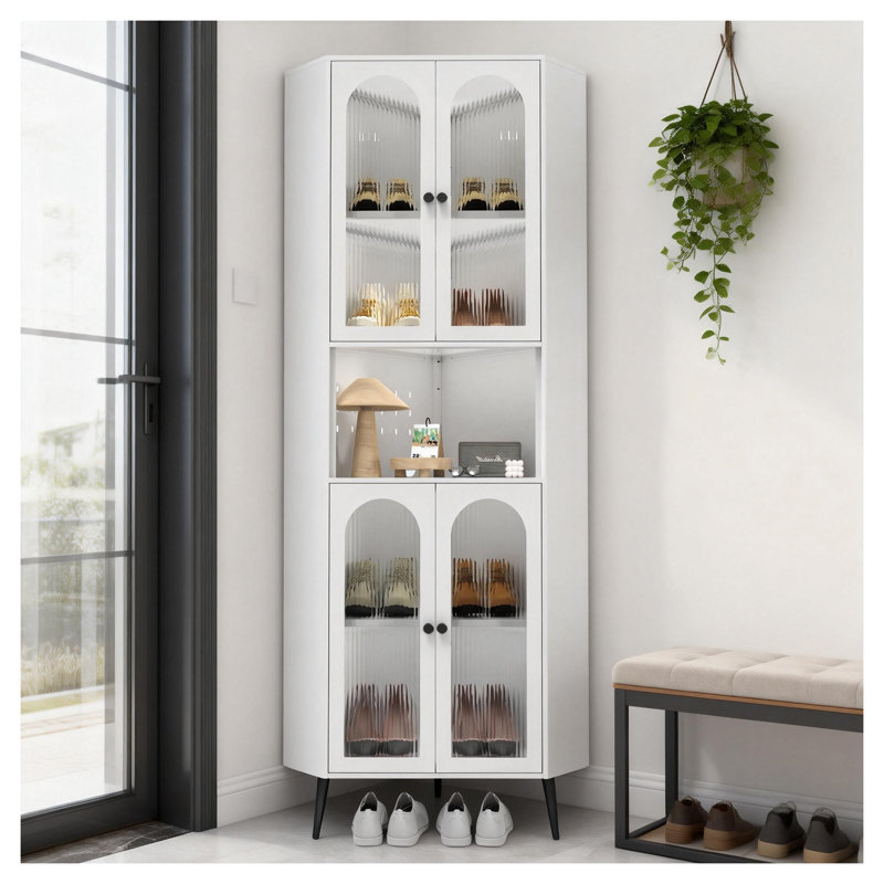 73" White Corner Storage Cabinet with Adjustable Shelves & Doors - Tall Metal Organizer for Living Room, Bedroom, Office