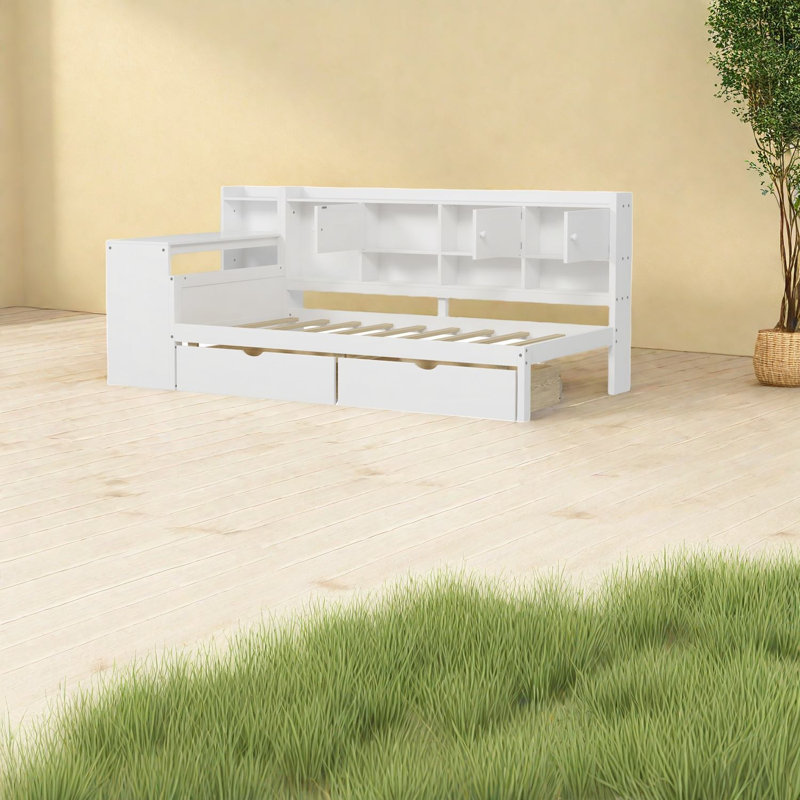 Lit multifonctionnel en bois peu encombrant avec rangement et bureau d'étude, design blanc moderne